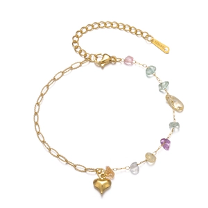 Golden stainless steel chain bracelet featuring colorful natural stones and heart pendant