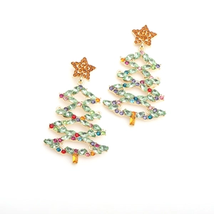 Detail of Christmas tree earrings with colorful rhinestones on a gold alloy base