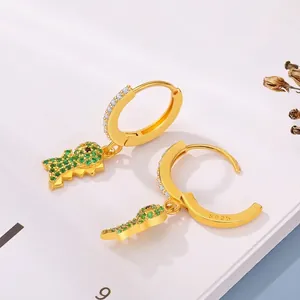 Cute S925 silver dinosaur hoop earrings with green zircon and gold plating details