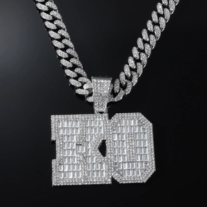 Iced out silver Cuban link chain with crystal letter pendant for hip hop style fashion