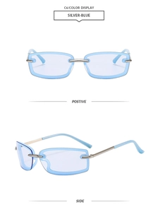 Detail view of rectangular rimless Y2K sunglasses with silver metal frame and blue lenses