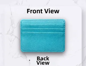 Detail view of bright blue PU leather card holder showing multi-slot design and stitching
