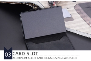 Macro view of RFID-blocking aluminum card slot on a minimalist men's wallet