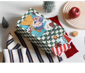 Christmas gift bag with green plaid cartoon illustration on cozy festive background