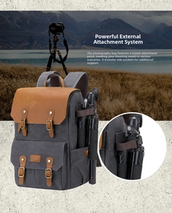 Detail of professional camera backpack featuring tripod side attachment system