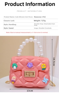 Detail showing pink mini jelly bag dimensions, pearl handle and metal chain strap