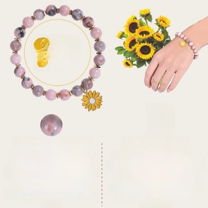 Detailed views of pink zebra stone bracelet with sunflower charm and beaded texture