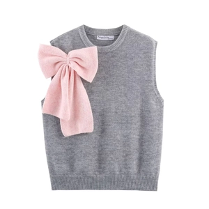Women Knitted Vest Round Neck Sleeveless Sweater Tank Top Large Bow Decor Elegant Casual Chic Knitwear