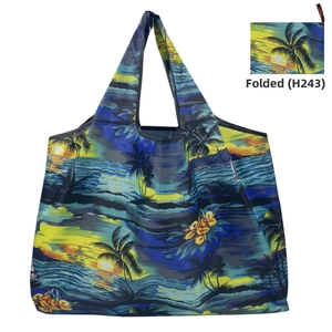 Foldable oxford shopping bag with sunset tropical print and H243 storage detail