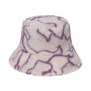 White lamb wool bucket hat with purple wavy pattern for women in a winter minimalist style