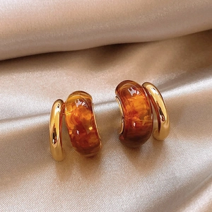 Vintage C-Shape Hoop Earrings Resin Amber Texture And 925 Sterling Silver Earring Post Geometric Gold Plated Women