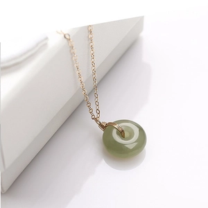 Hetian jade peace buckle pendant with 18K gold plated stainless steel chain necklace
