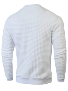 Detail of white men's sweatshirt featuring a unique 3D quilted grid texture on the back