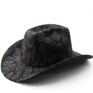 Cowboy Hat Western Style Polyester Wide Brim Skull Print Red Glitter Eyes Halloween Party Punk Costume For Men Women