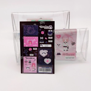 Detail of Korean style sticker set featuring gothic characters and pink storage bag