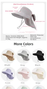 Detailed chart showing summer sun hat dimensions, polyester material, and color options