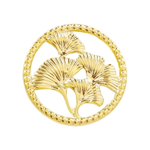 Golden 304 stainless steel round pendant featuring three delicate ginkgo leaves