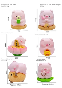 Set of 6 cute pink resin pig figurines with lucky symbols for desk decor