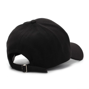Classic black baseball cap with adjustable metal buckle strap, rear view of minimalist design