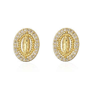 Macro shot of 18K gold plated oval earrings with Virgin Mary relief and zircon stones