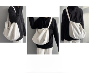 Detailed views of a large white canvas messenger bag with adjustable strap shown from three angles