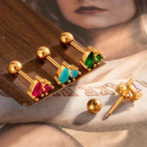 Golden stainless steel screw back earrings with colorful zircon water drop stones