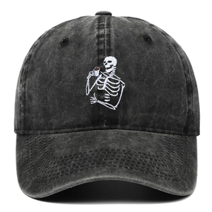 Casquette de baseball vintage en coton gris foncé avec broderie crâne pour hommes et femmes
