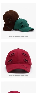 Detail showing distressed cotton fabric and handcrafted frayed holes on the baseball cap