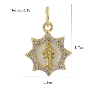 Detailed size specifications for gold octagon Virgin Mary cross pendant with white crystals