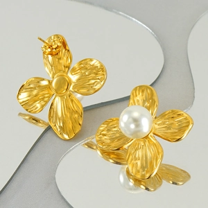 French style gold flower stud earrings with pearl and brushed metal texture finish