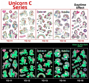 Luminous unicorn tattoo stickers for kids showing daylight and glow-in-the-dark effects