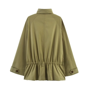 Back view of a women's olive green parka jacket with drawstring waist and cuff details
