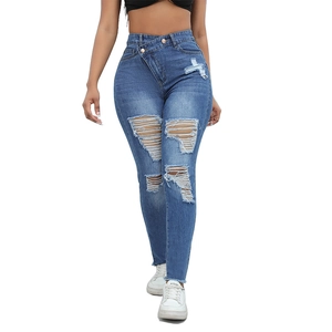 Jeans skinny a vita alta da donna con chiusura a bottoni incrociati e dettagli strappati