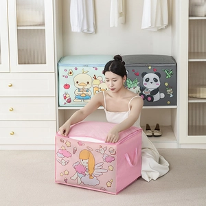 Detail of cartoon storage bags with handles and dual zippers for organizing bedding