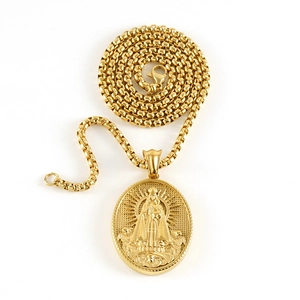 Golden Virgin Mary oval pendant necklace with radial light pattern on a box chain