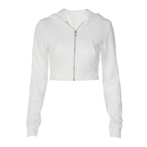 Sudadera corta blanca ajustada para mujer con cremallera metálica y manga larga en blanco