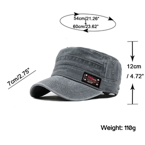 Flat top military cap details with 54-60cm circumference and breathable side eyelets