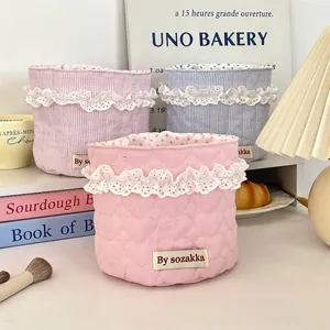 Pink heart quilted storage basket with lace edges for desktop organization in three patterns