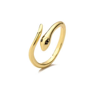 Macro shot of gold-plated snake ring featuring micro-inset black zircon eyes details