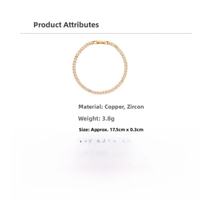 Detail view of gold tennis bracelet with cubic zirconia material and size measurements