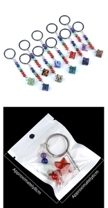 Detail view of 7 chakras energy gemstone pendants showing 20mm merkaba star and dimensions