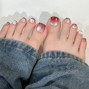 Press On Toenails Cat Eye Shimmer Red Silver Gradient ABS Plastic Fake Nails Detachable Foot Nail Art For Women