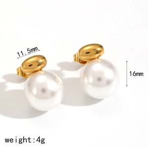 Elegant oval white faux pearl earrings with gold stainless steel studs and size parameters