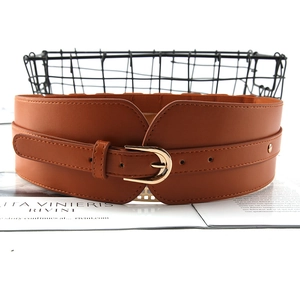 Vintage tan wide corset belt for women featuring a gold horseshoe buckle over black mesh