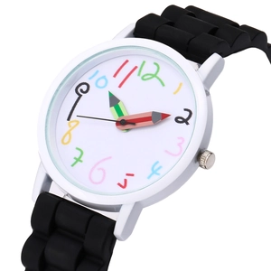 Kids quartz watch with white case, black silicone strap and colorful pencil hands