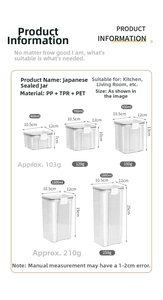 Size chart showing dimensions and capacity for food-grade plastic airtight storage jars
