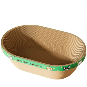 Oval bathtub-shaped cat scratcher bed with green festive print and deep bowl design