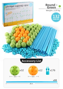 Detail list of 132pcs DIY fort building kit with green connector balls and blue rods
