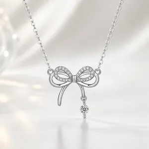 925 Sterling Silver Bow Tassel Pendant Necklace With Moissanite Zirconia Stones For Women Elegant Clavicle Chain Jewelry Gift