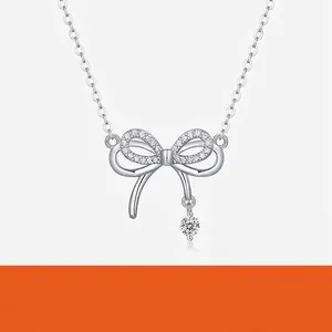 925 Sterling Silver Bow Tassel Pendant Necklace With Moissanite Zirconia Stones For Women Elegant Clavicle Chain Jewelry Gift